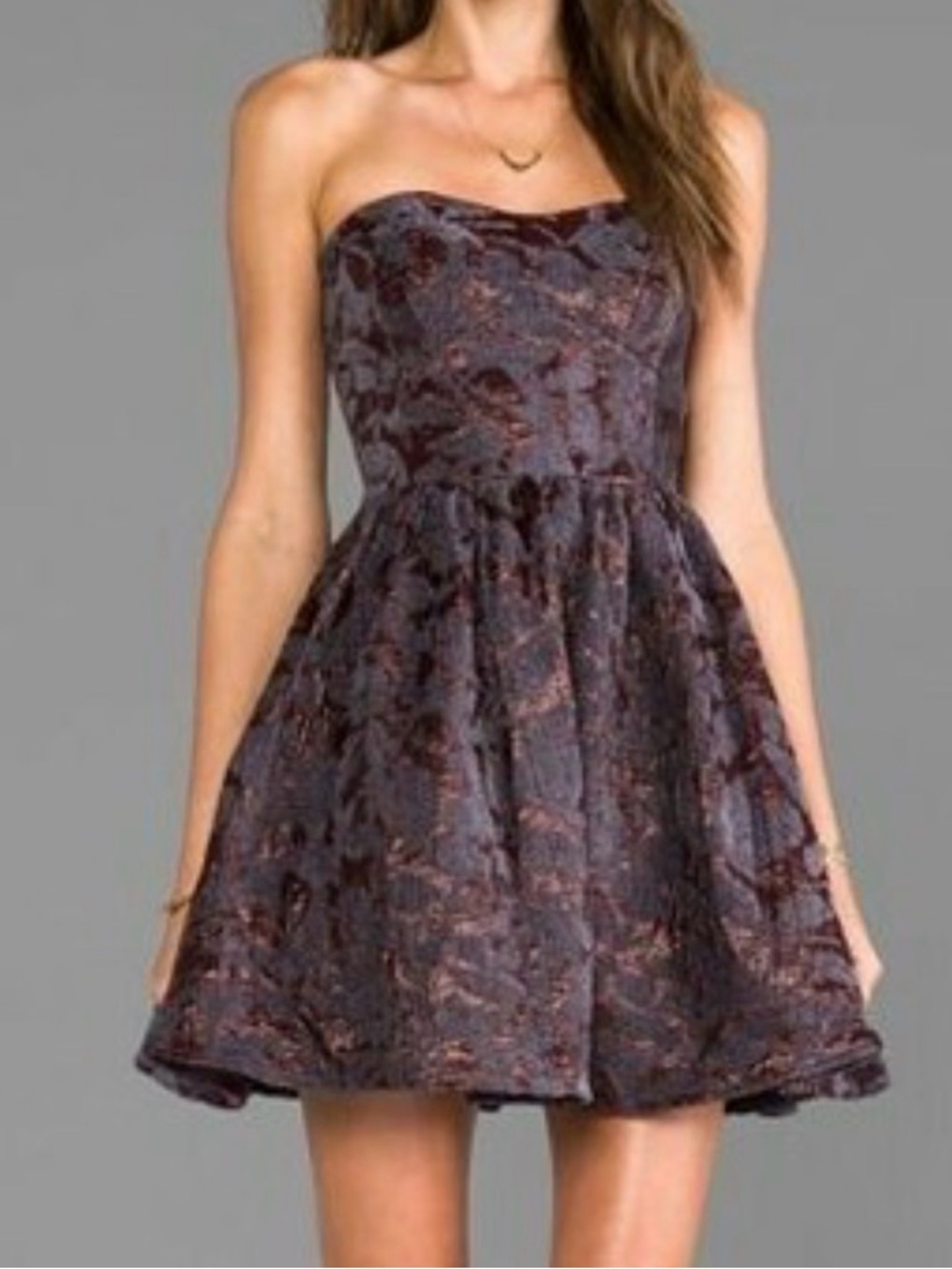 MM Couture Strapless Jacquard Mini Dress in Plum with Copper Accents